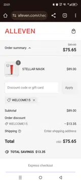 WELCOME15 coupon verification screenshot