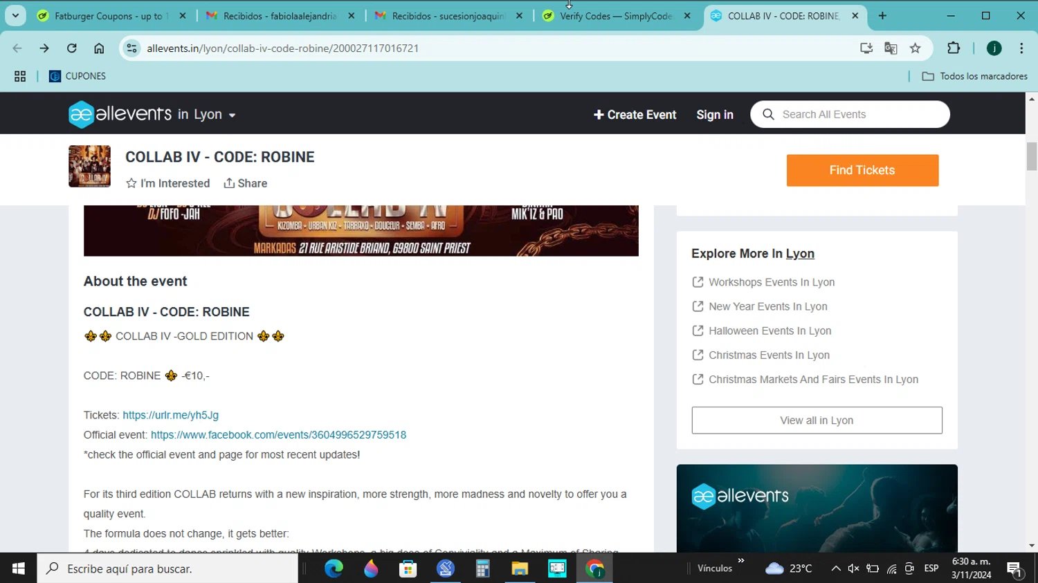 AllEvents checkout page showing AllEvents discount code box | Screenshot taken by SimplyCodes community member on Nov 3, 2024
