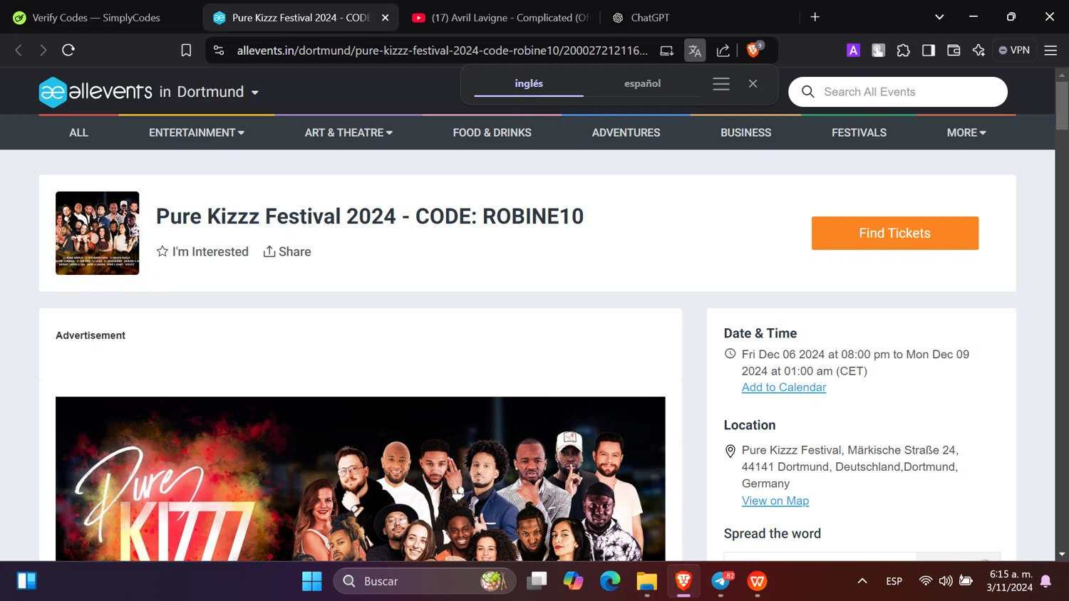 AllEvents checkout page showing AllEvents discount code box | Screenshot taken by SimplyCodes community member on Nov 3, 2024