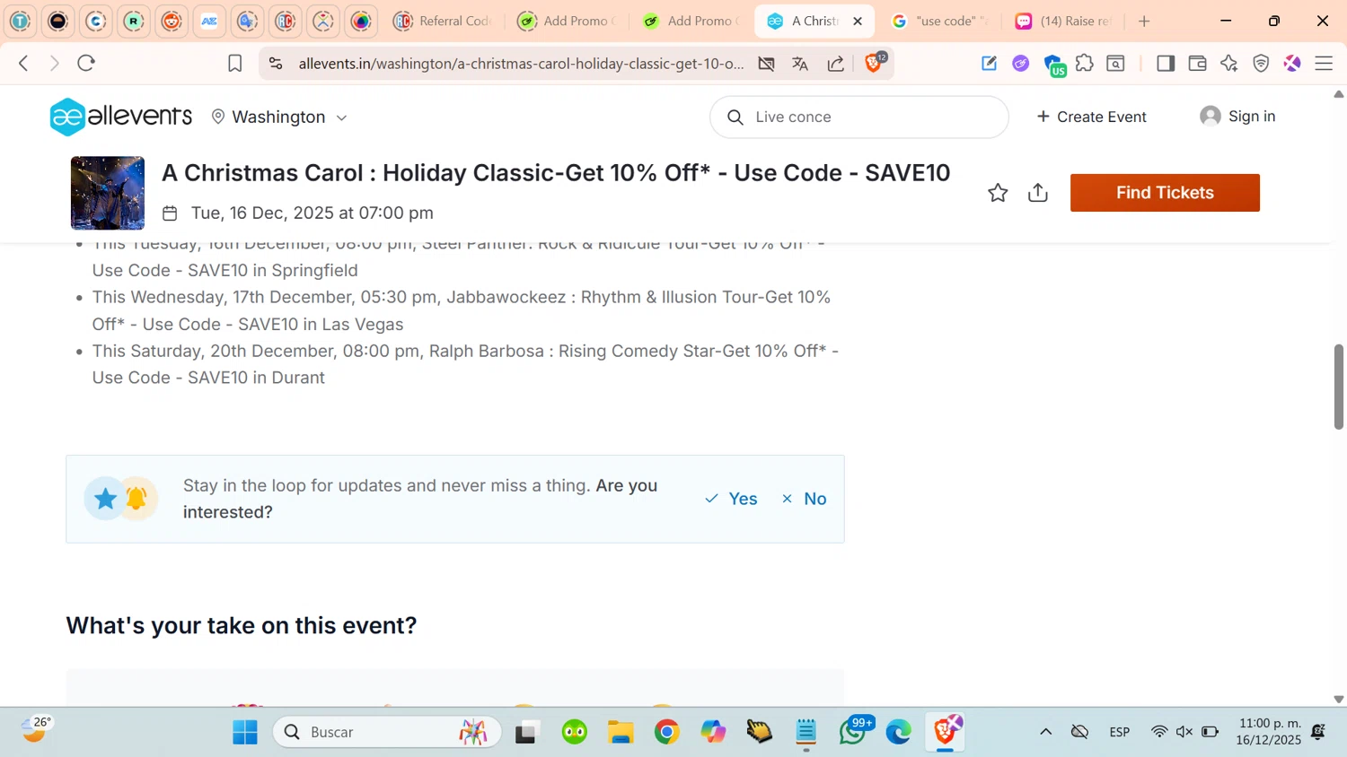 AllEvents discount code screenshot showing code SAVE10 applied at AllEvents checkout page. Uploaded by SimplyCodes community member cosita on Dec 17, 2025