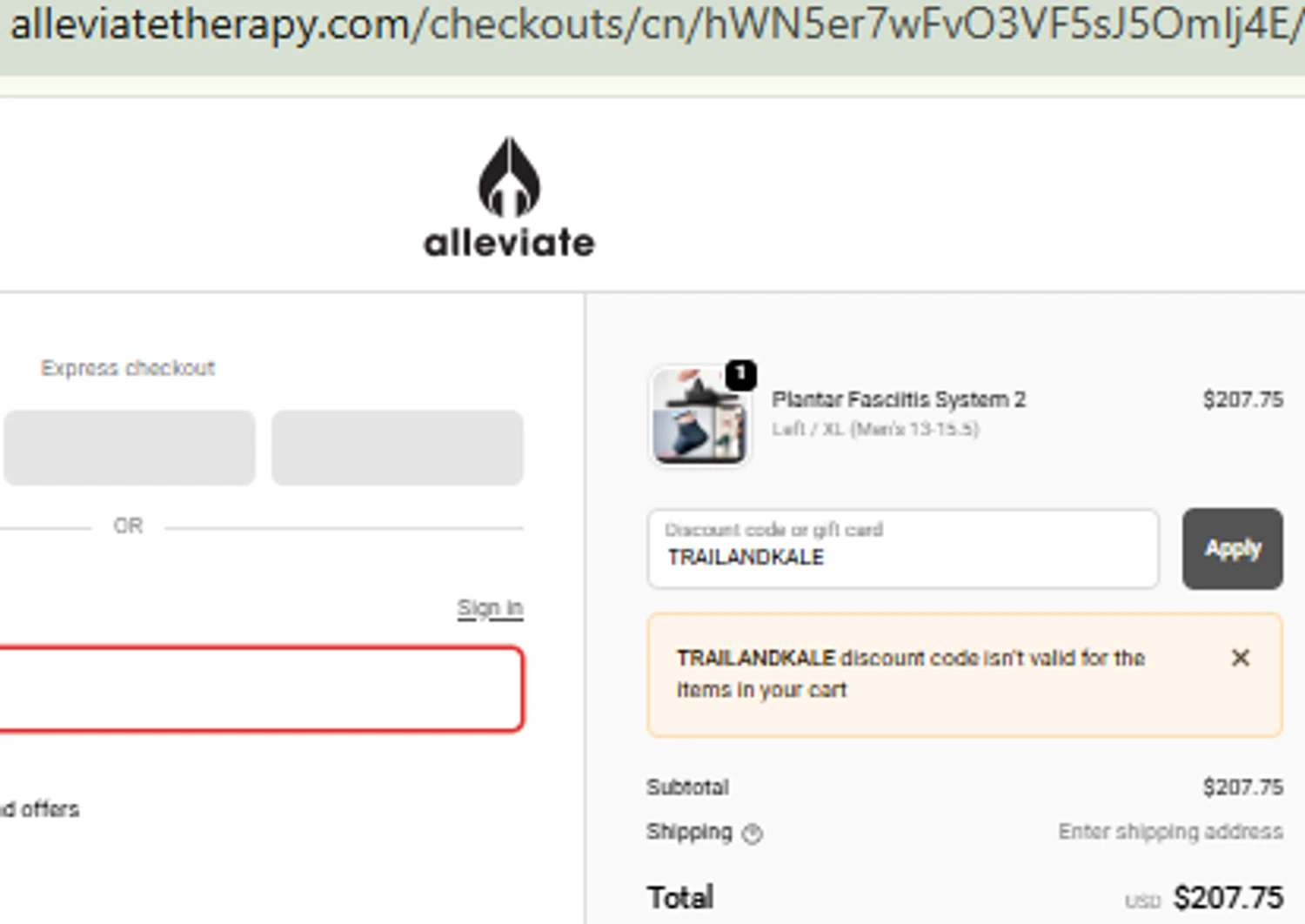 Alleviate Therapy discount code screenshot showing code TRAILANDKALE applied at Alleviate Therapy checkout page. Uploaded by SimplyCodes community member CashMaestro9337 on Nov 24, 2025