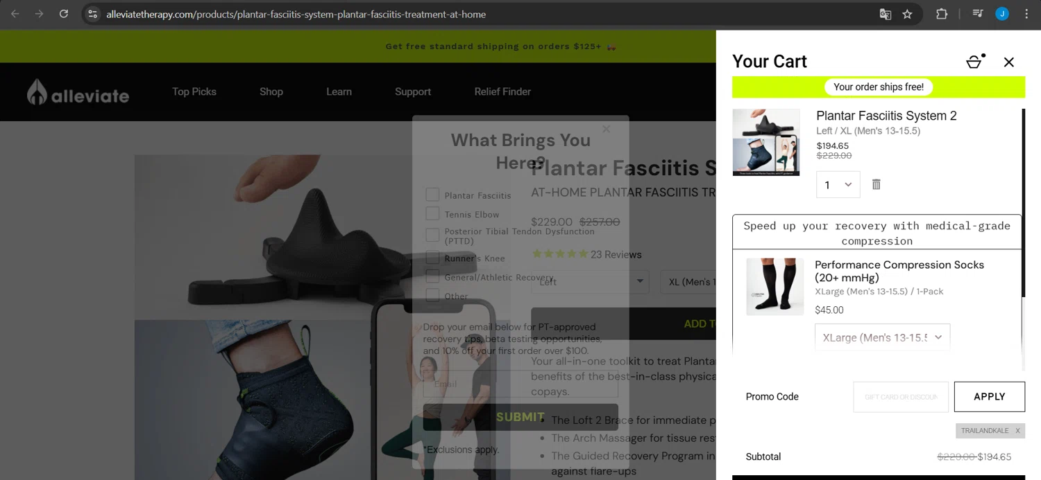Alleviate Therapy discount code screenshot showing code TRAILANDKALE applied at Alleviate Therapy checkout page. Uploaded by SimplyCodes community member Jeanjc on Feb 21, 2025