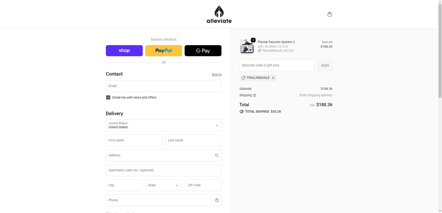 Alleviate Therapy discount code screenshot showing code TRAILANDKALE applied at Alleviate Therapy checkout page. Uploaded by SimplyCodes community member PromoAdmiral6652 on Dec 4, 2025