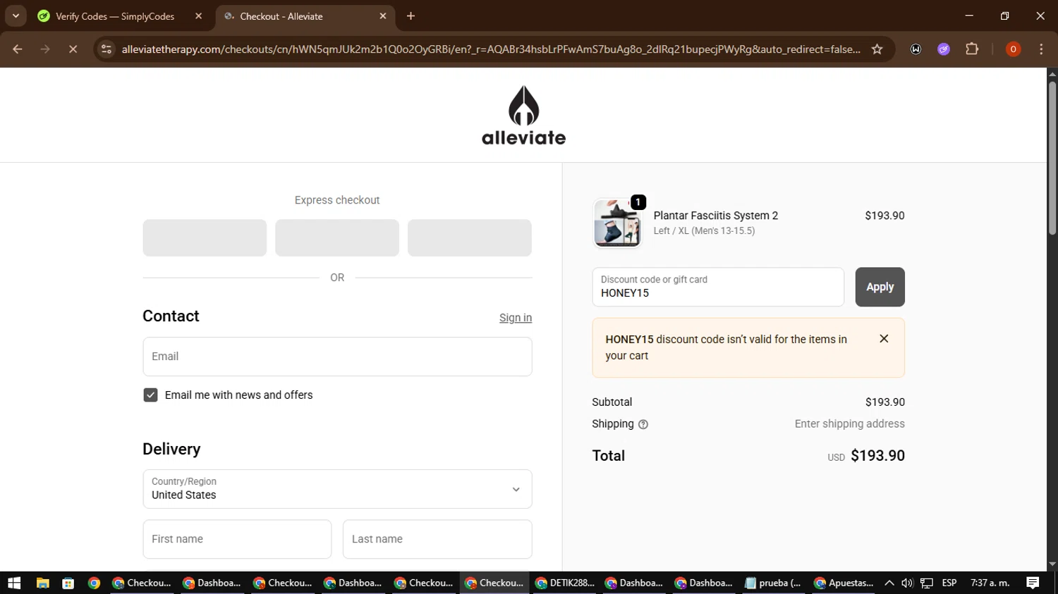 Alleviate Therapy discount code screenshot showing code HONEY15 applied at Alleviate Therapy checkout page. Uploaded by SimplyCodes community member CleverSpotter3730 on Nov 29, 2025