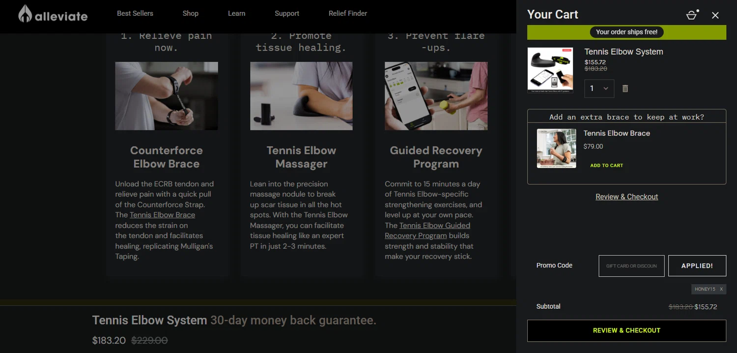 Alleviate Therapy discount code screenshot showing code HONEY15 applied at Alleviate Therapy checkout page. Uploaded by SimplyCodes community member Nor_man on Aug 16, 2025