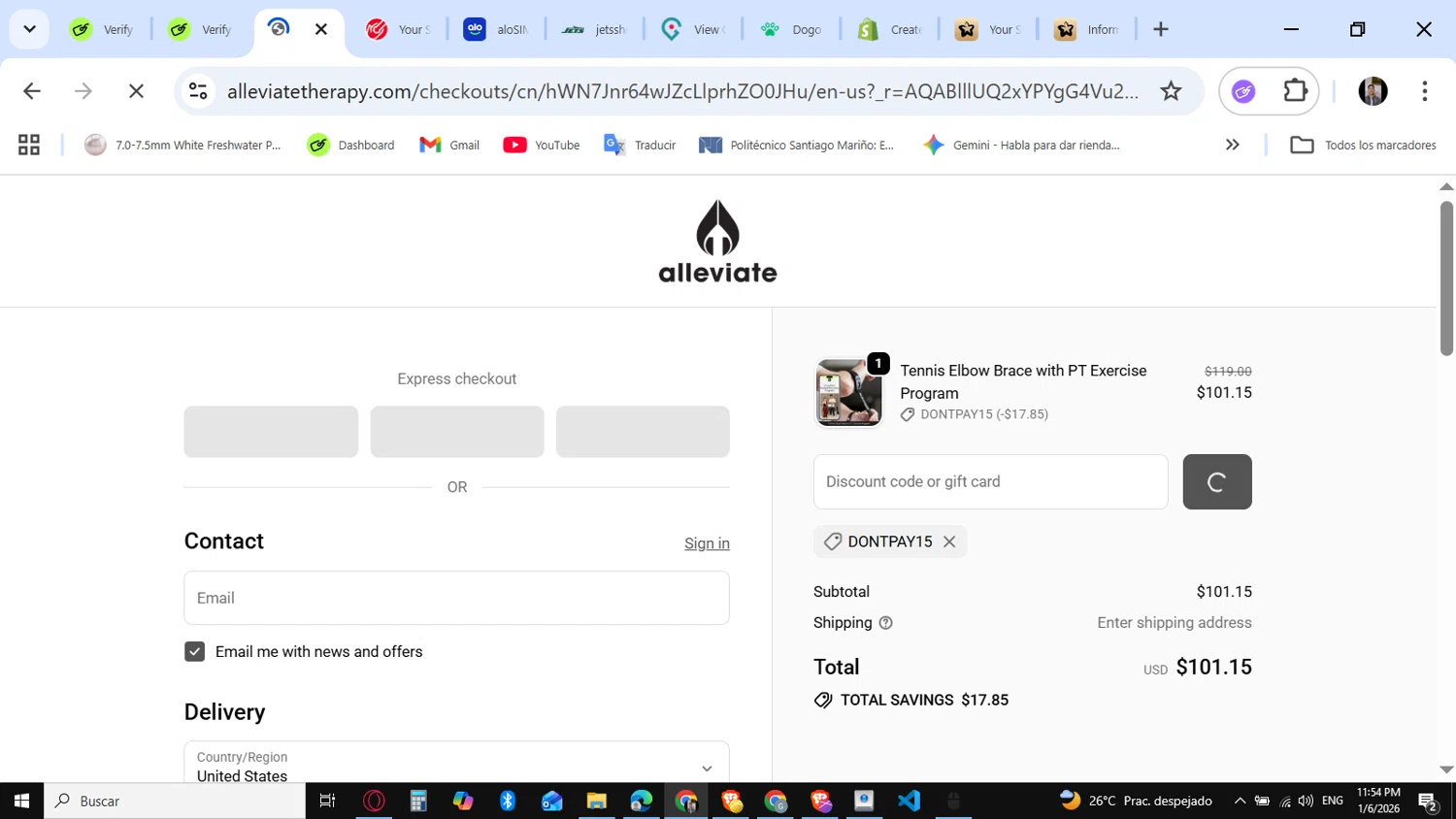 Alleviate Therapy checkout page showing Alleviate Therapy discount code box | Screenshot taken by SimplyCodes community member on Jan 7, 2026