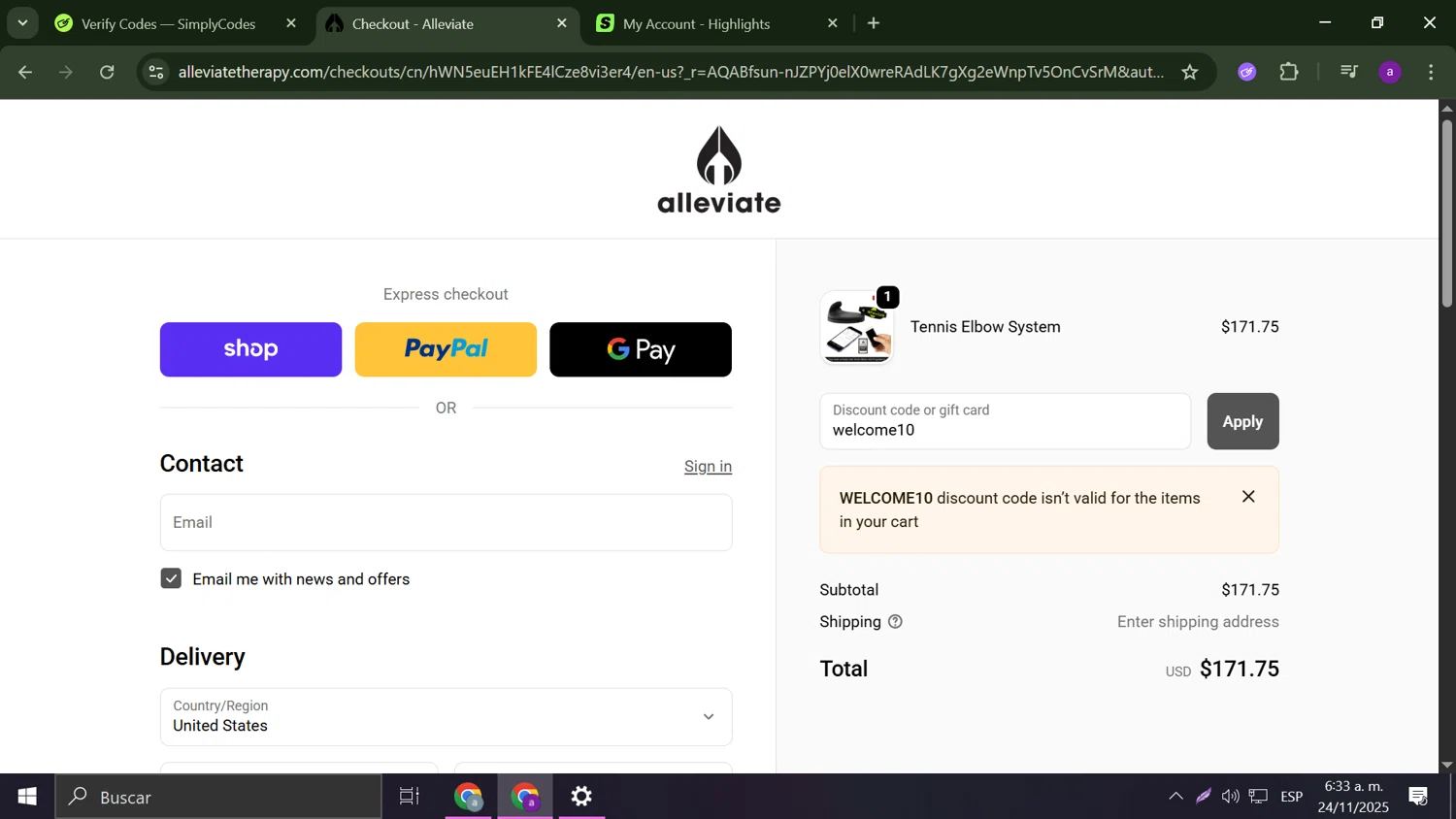 Alleviate Therapy discount code screenshot showing code welcome10 applied at Alleviate Therapy checkout page. Uploaded by SimplyCodes community member Anderson on Nov 24, 2025