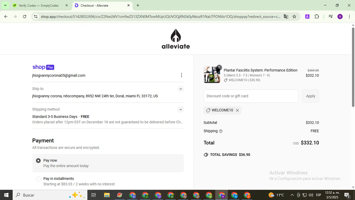 Alleviate Therapy discount code screenshot showing code welcome10 applied at Alleviate Therapy checkout page. Uploaded by SimplyCodes community member QuestOwl9632 on May 3, 2025