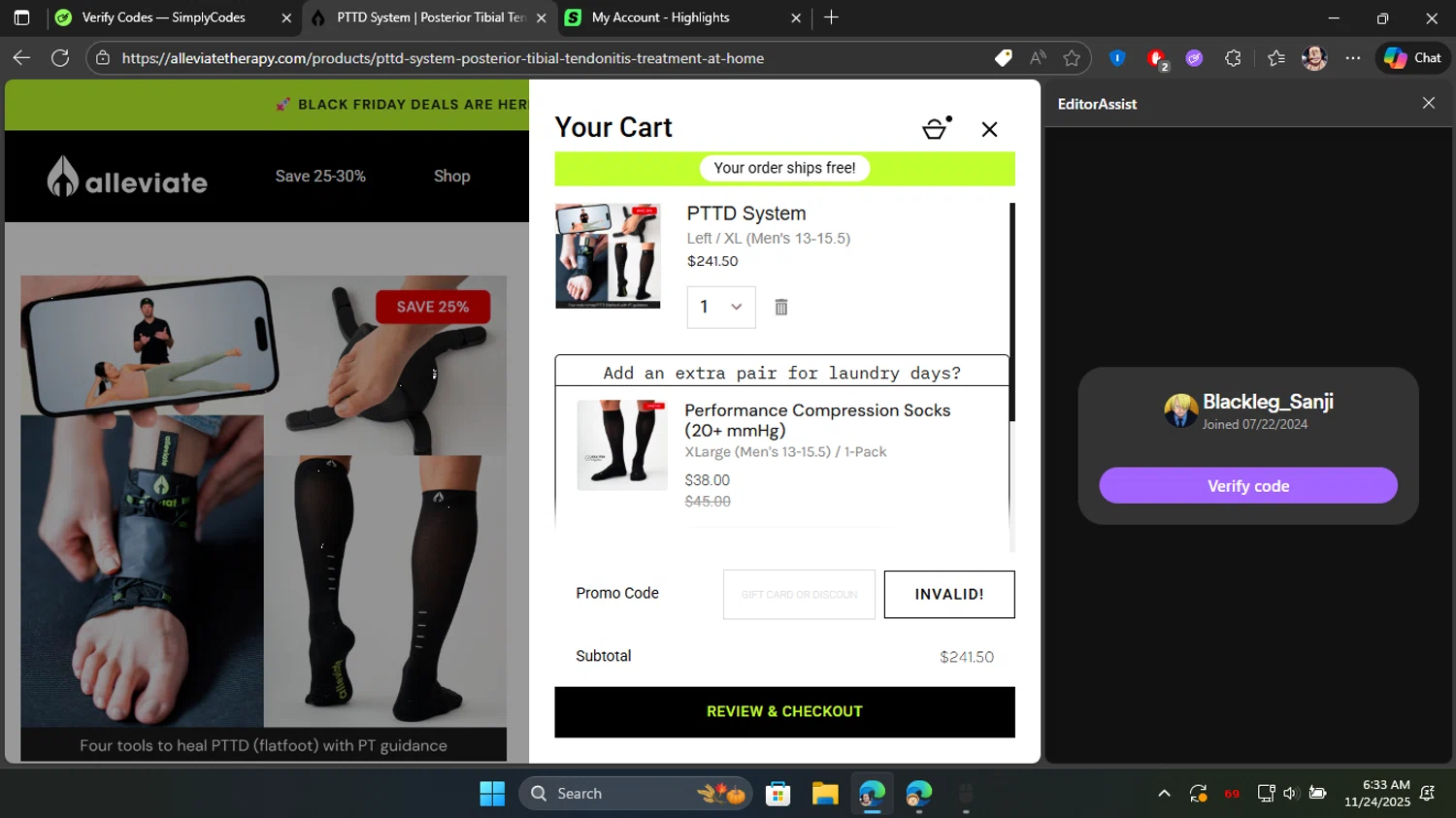 Alleviate Therapy discount code screenshot showing code BENEFITHUB20 applied at Alleviate Therapy checkout page. Uploaded by SimplyCodes community member Blackleg_Sanji on Nov 24, 2025