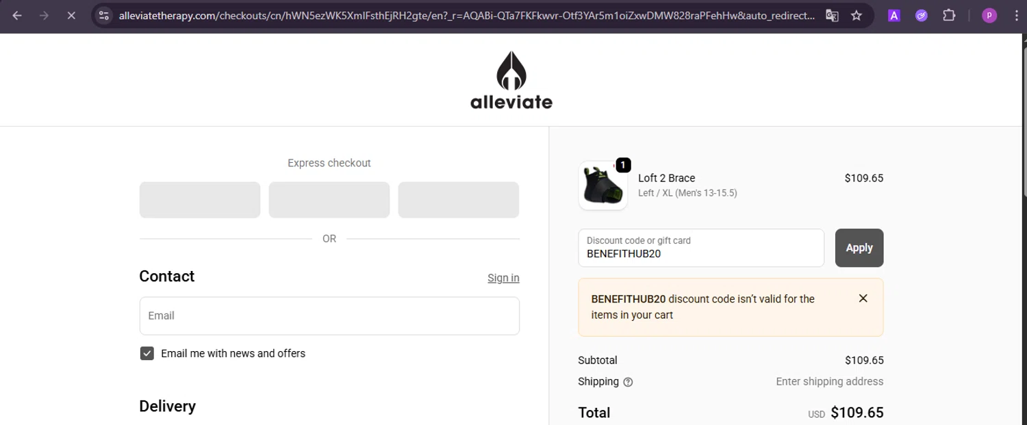 Alleviate Therapy discount code screenshot showing code BENEFITHUB20 applied at Alleviate Therapy checkout page. Uploaded by SimplyCodes community member firoas on Nov 24, 2025