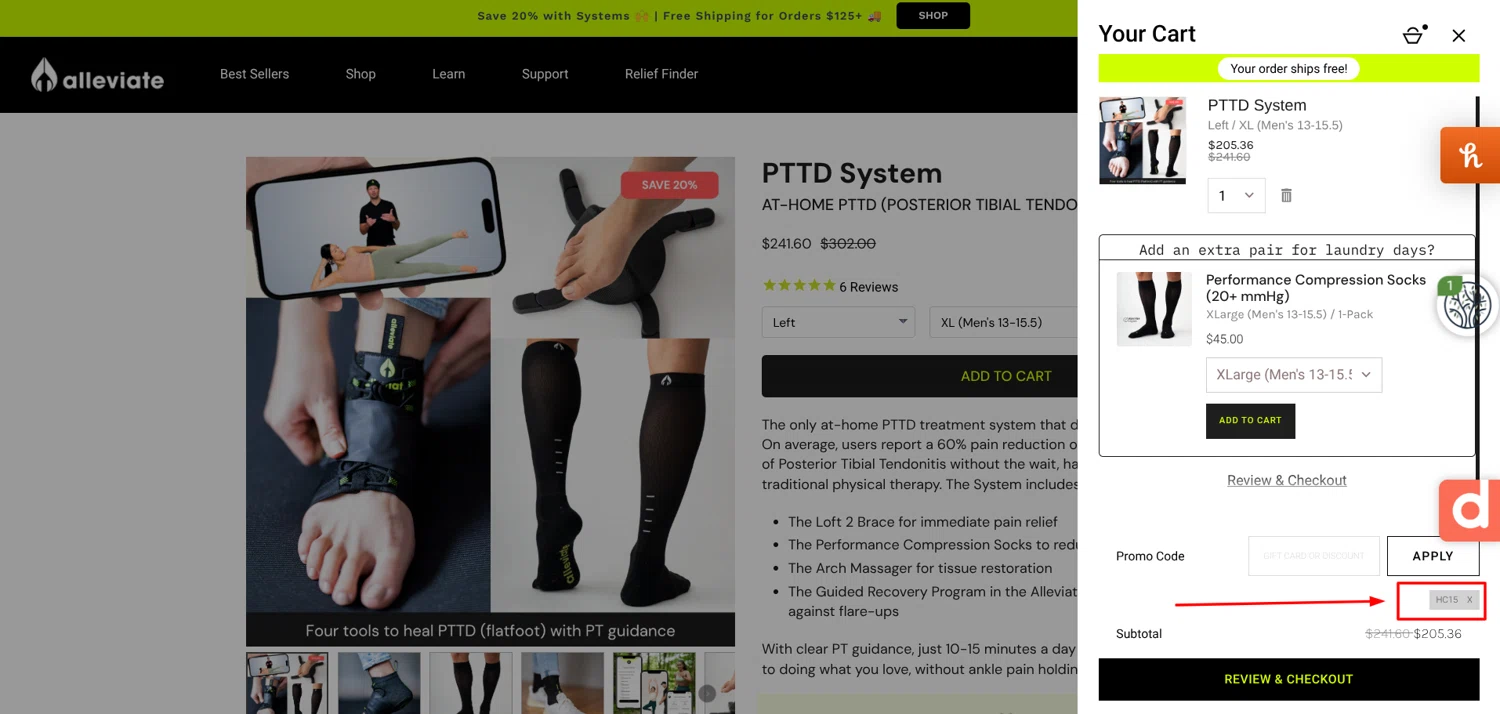 Alleviate Therapy discount code screenshot showing code hc15 applied at Alleviate Therapy checkout page. Uploaded by SimplyCodes community member antonietarodriguez96 on Jul 31, 2025