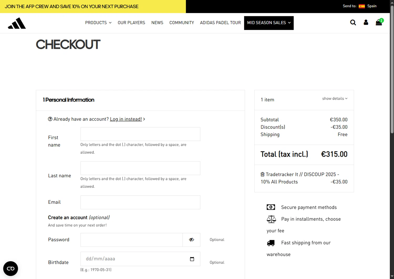 All For Padel promo code screenshot showing code AFPDISCOUP applied at All For Padel checkout page. Uploaded by SimplyCodes community member GoldPhoenix3793 on Nov 4, 2025