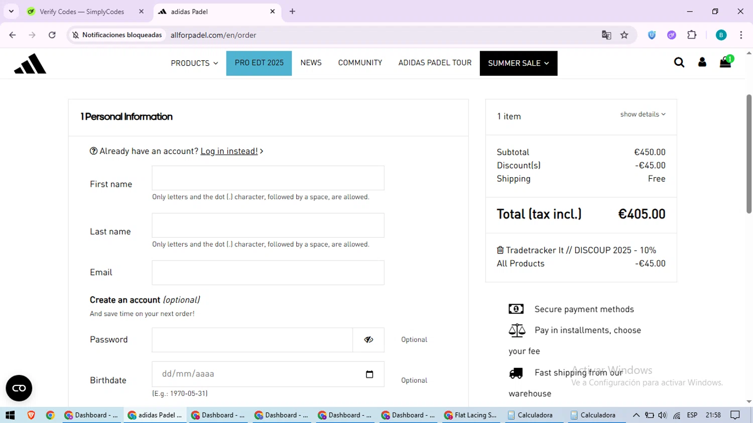 All For Padel promo code screenshot showing code AFPDISCOUP applied at All For Padel checkout page. Uploaded by SimplyCodes community member QuestScholar5572 on Jul 20, 2025