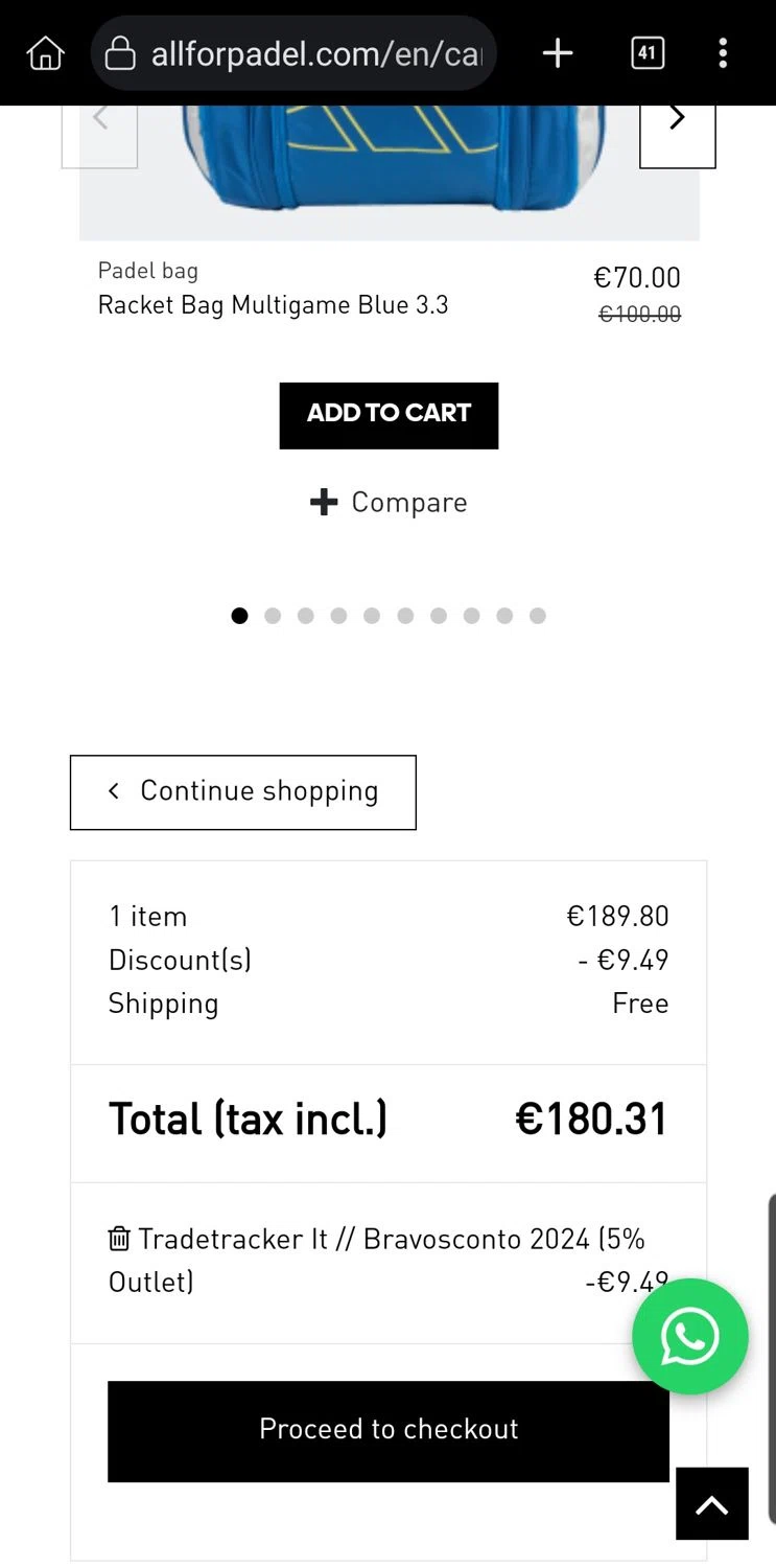 All For Padel promo code screenshot showing code OUTLETCODICESCONTO applied at All For Padel checkout page. Uploaded by SimplyCodes community member Carloslvz on Jul 23, 2025