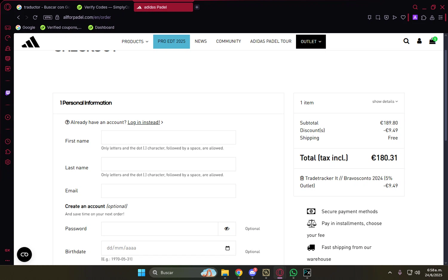 All For Padel promo code screenshot showing code OUTLETCODICESCONTO applied at All For Padel checkout page. Uploaded by SimplyCodes community member LuckyVoyager5522 on Jun 24, 2025