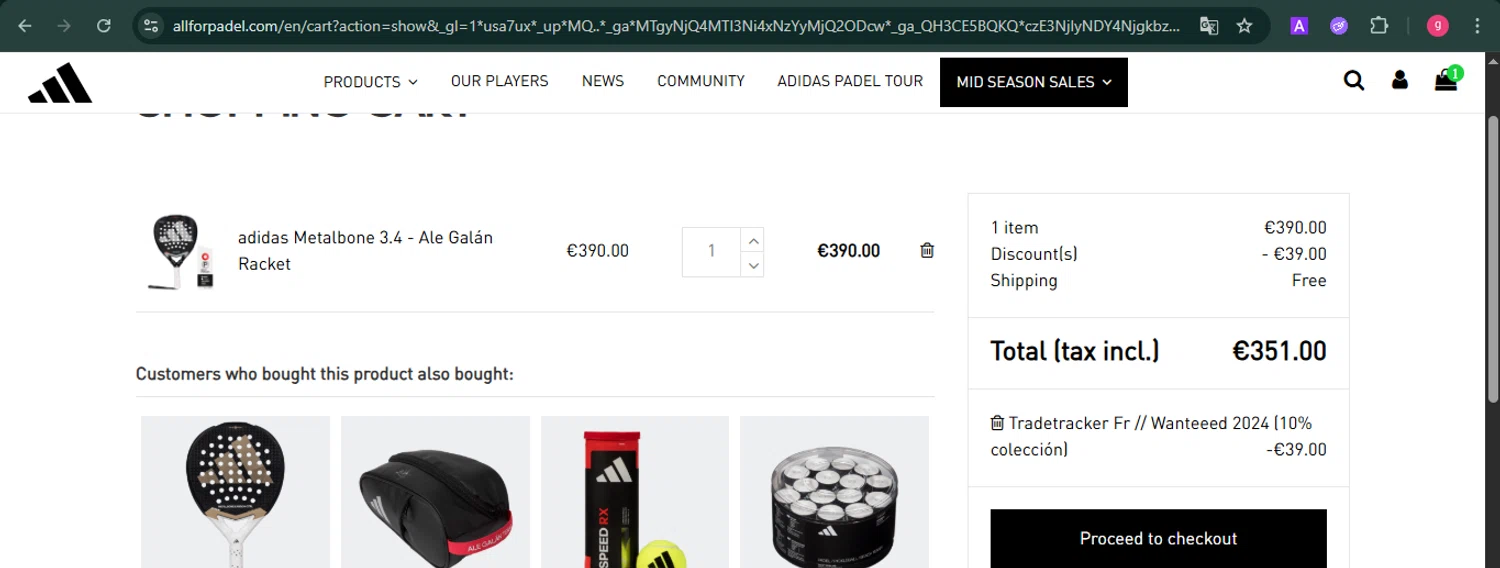 All For Padel promo code screenshot showing code AFPWANTEEED applied at All For Padel checkout page. Uploaded by SimplyCodes community member MoneyFalcon481 on Nov 4, 2025