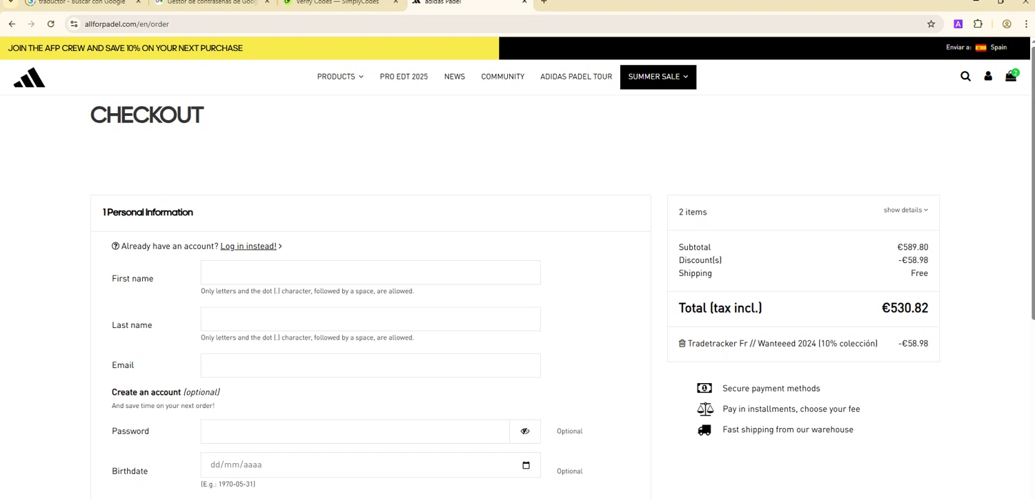 All For Padel promo code screenshot showing code AFPWANTEEED applied at All For Padel checkout page. Uploaded by SimplyCodes community member ShieldTitan9442 on Aug 9, 2025