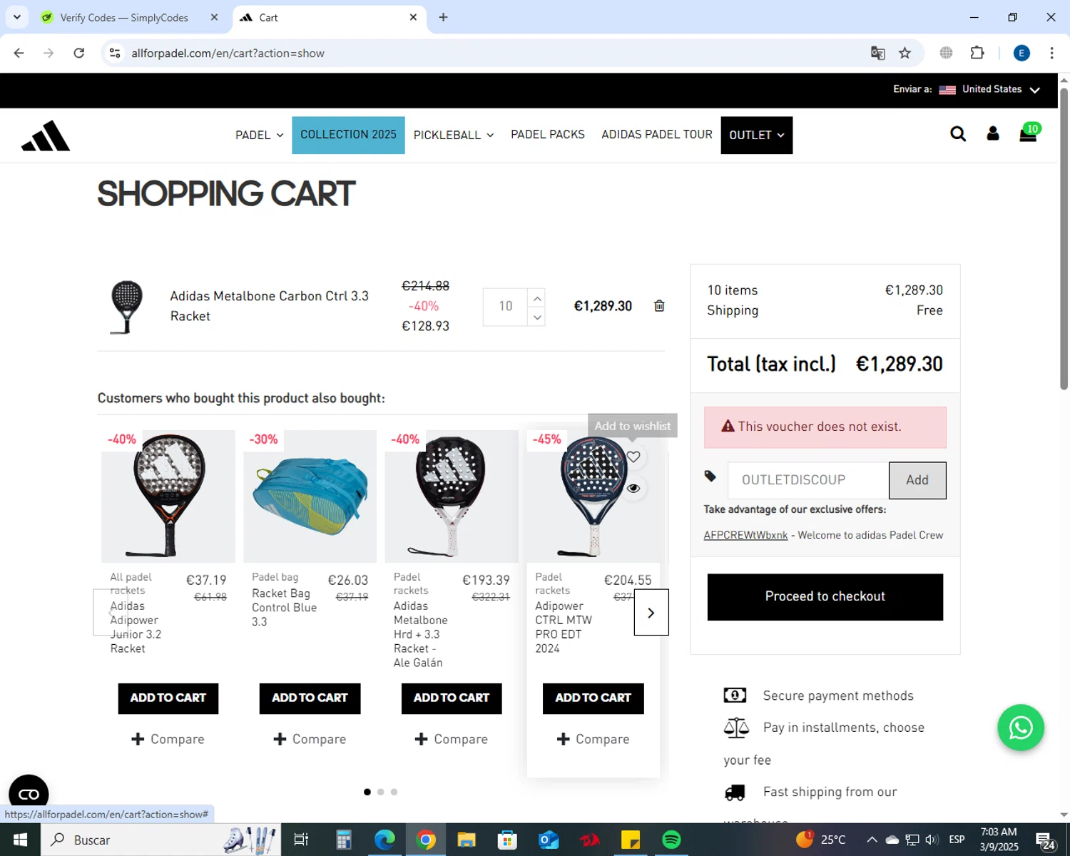 All For Padel promo code screenshot showing code OUTLETDISCOUP applied at All For Padel checkout page. Uploaded by SimplyCodes community member GoldSaver5472 on Mar 9, 2025