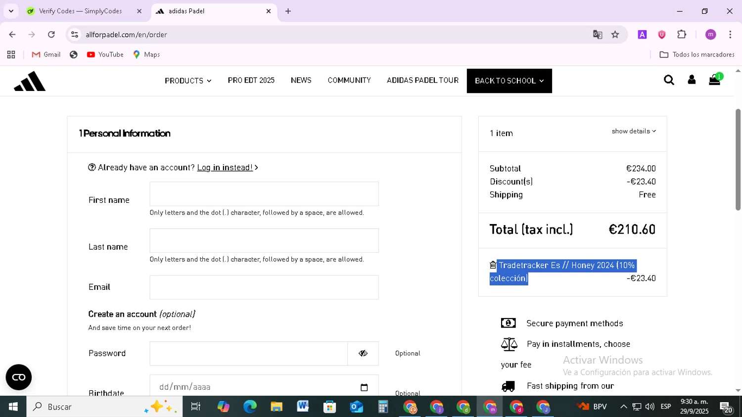 All For Padel promo code screenshot showing code AFPHONEY applied at All For Padel checkout page. Uploaded by SimplyCodes community member BudgetMonarch8952 on Sep 29, 2025