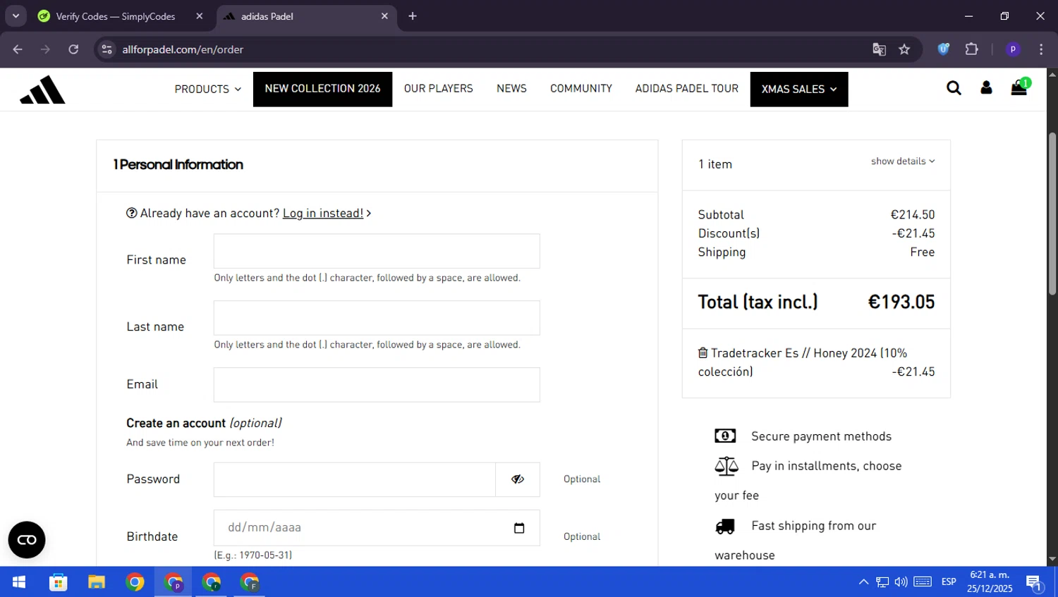 All For Padel promo code screenshot showing code AFPHONEY applied at All For Padel checkout page. Uploaded by SimplyCodes community member RebateScout6612 on Dec 25, 2025