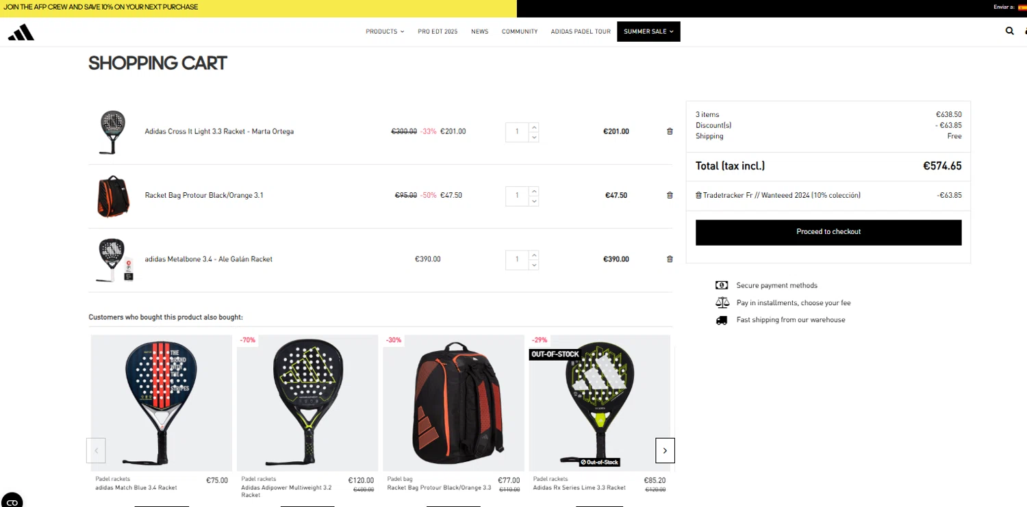 All For Padel promo code screenshot showing code AFPWANTEEED applied at All For Padel checkout page. Uploaded by SimplyCodes community member ylenisjordan on Aug 9, 2025