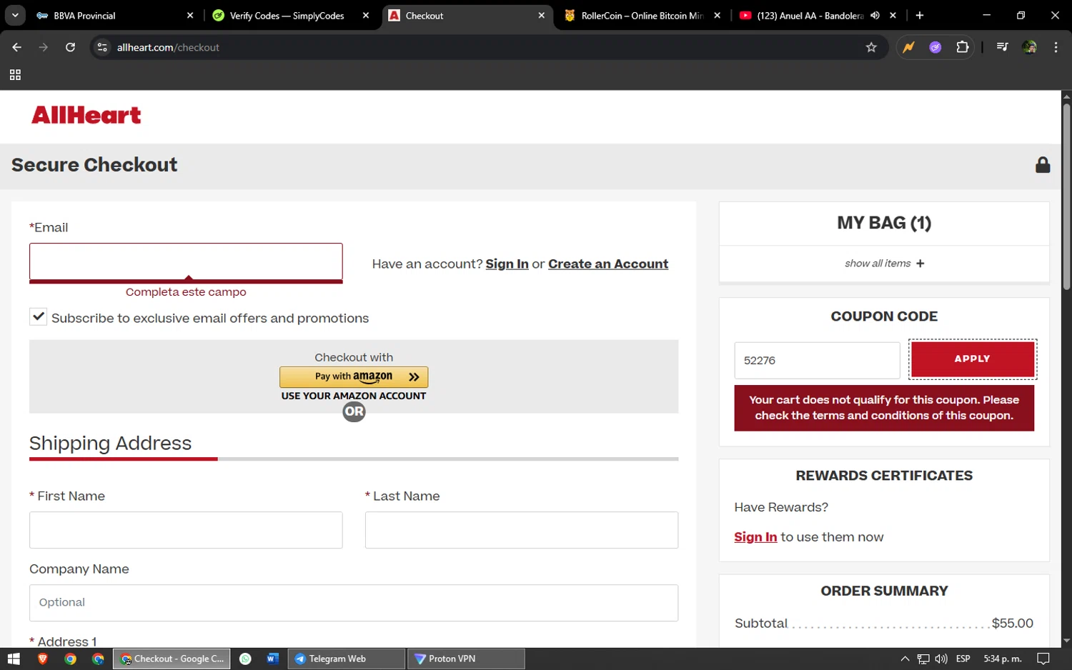 AllHeart coupon code screenshot showing code 52276 applied at AllHeart checkout page. Uploaded by SimplyCodes community member yonaiker on Jun 26, 2025