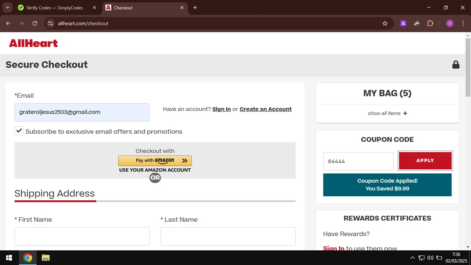 AllHeart coupon code screenshot showing code 64444 applied at AllHeart checkout page. Uploaded by SimplyCodes community member AbusaGordas on Mar 2, 2025