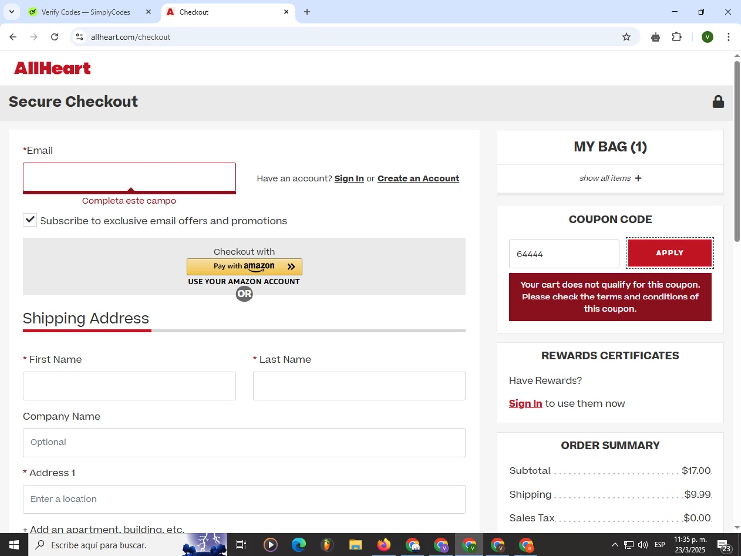 AllHeart coupon code screenshot showing code 64444 applied at AllHeart checkout page. Uploaded by SimplyCodes community member PrimeWizard4168 on Mar 24, 2025