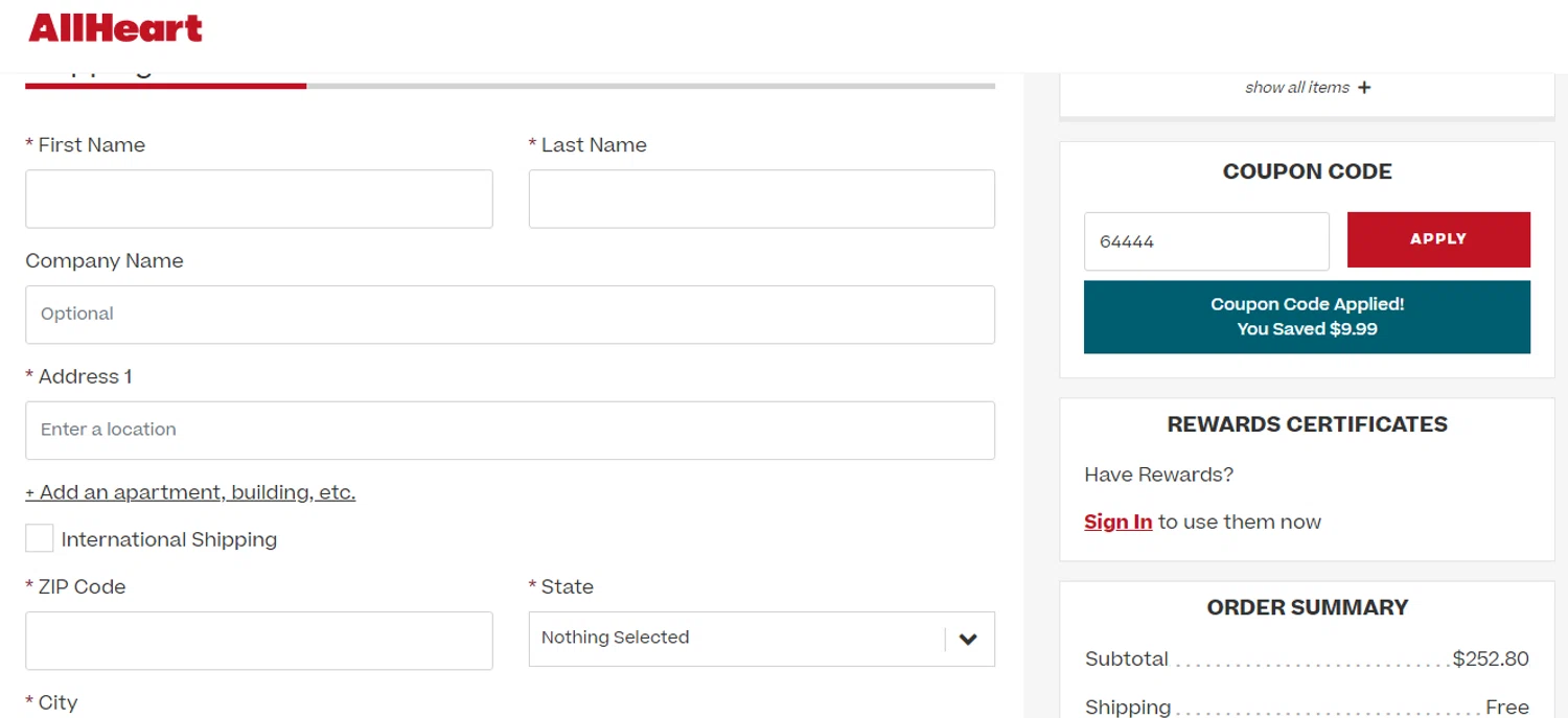 AllHeart coupon code screenshot showing code 64444 applied at AllHeart checkout page. Uploaded by SimplyCodes community member yilmamalave on May 8, 2025