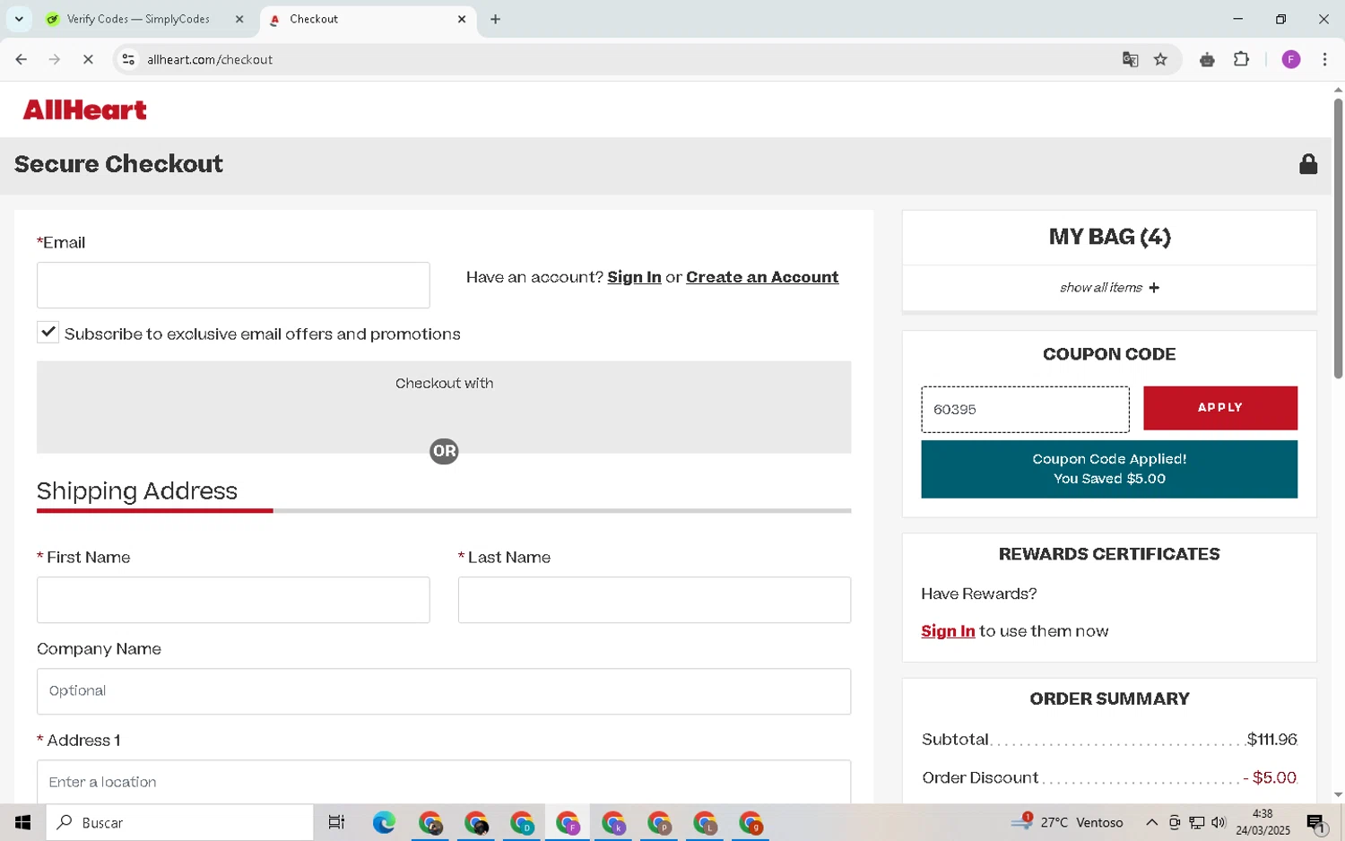 AllHeart coupon code screenshot showing code 60395 applied at AllHeart checkout page. Uploaded by SimplyCodes community member CleverSpotter6431 on Mar 24, 2025