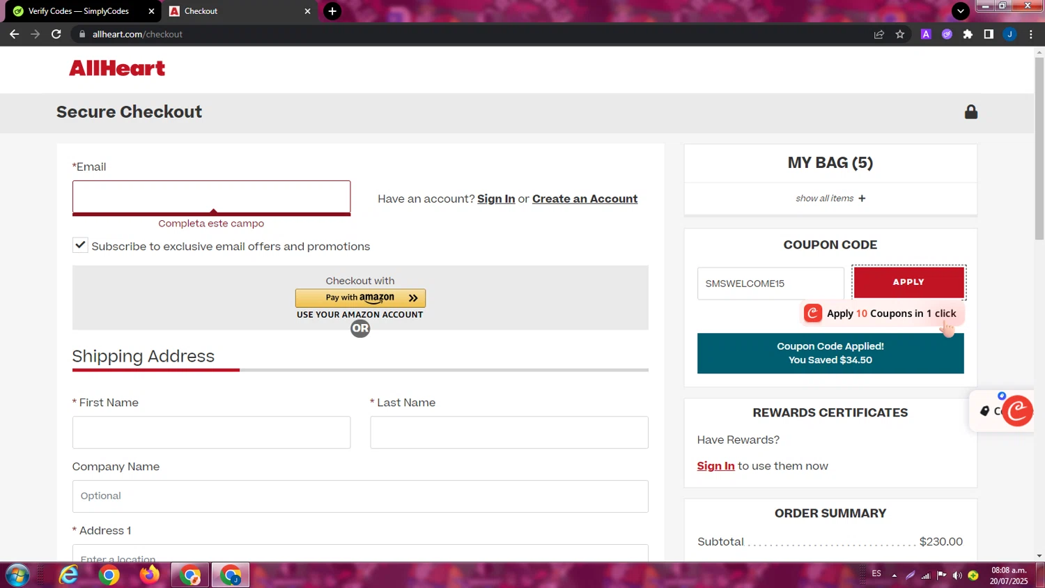 AllHeart coupon code screenshot showing code SMSWELCOME15 applied at AllHeart checkout page. Uploaded by SimplyCodes community member ExtraordinaryPhoenix9295 on Jul 20, 2025