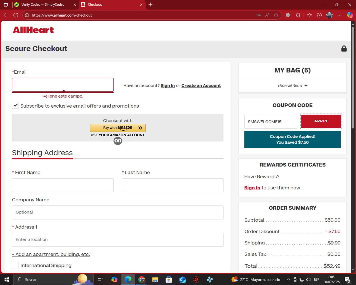 AllHeart coupon code screenshot showing code SMSWELCOME15 applied at AllHeart checkout page. Uploaded by SimplyCodes community member MoneyGenius452 on Jul 20, 2025