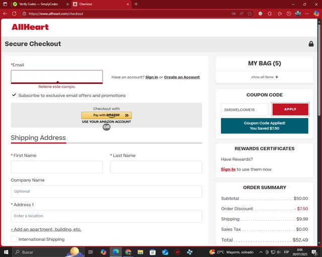 AllHeart checkout page showing AllHeart coupon code box | Screenshot taken by SimplyCodes community member on Jul 20, 2025
