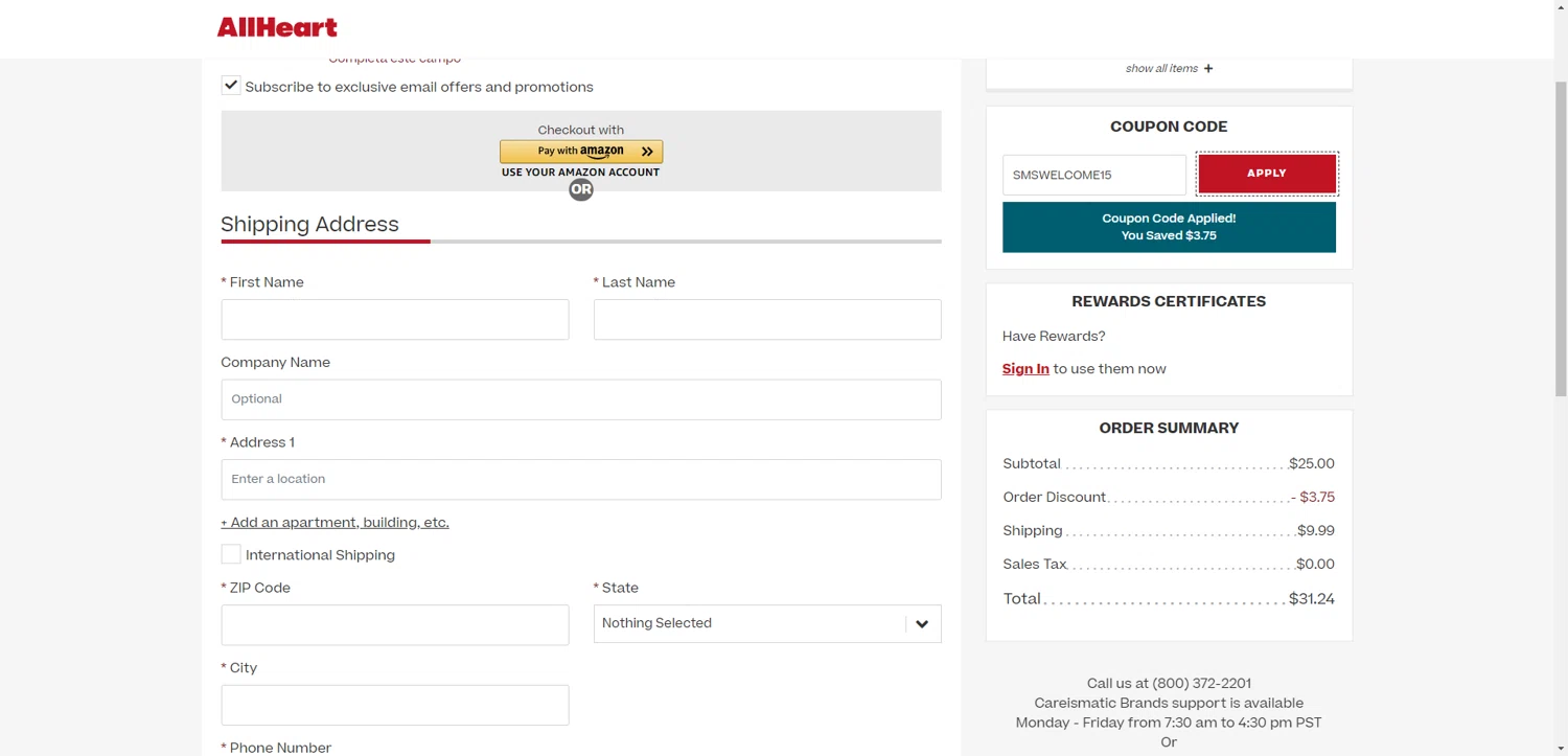 AllHeart coupon code screenshot showing code SMSWELCOME15 applied at AllHeart checkout page. Uploaded by SimplyCodes community member ValiantAce1810 on Jul 20, 2025