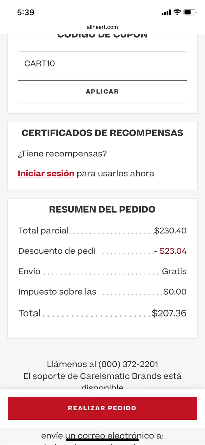 AllHeart coupon code screenshot showing code CART10 applied at AllHeart checkout page. Uploaded by SimplyCodes community member morapr on May 8, 2025