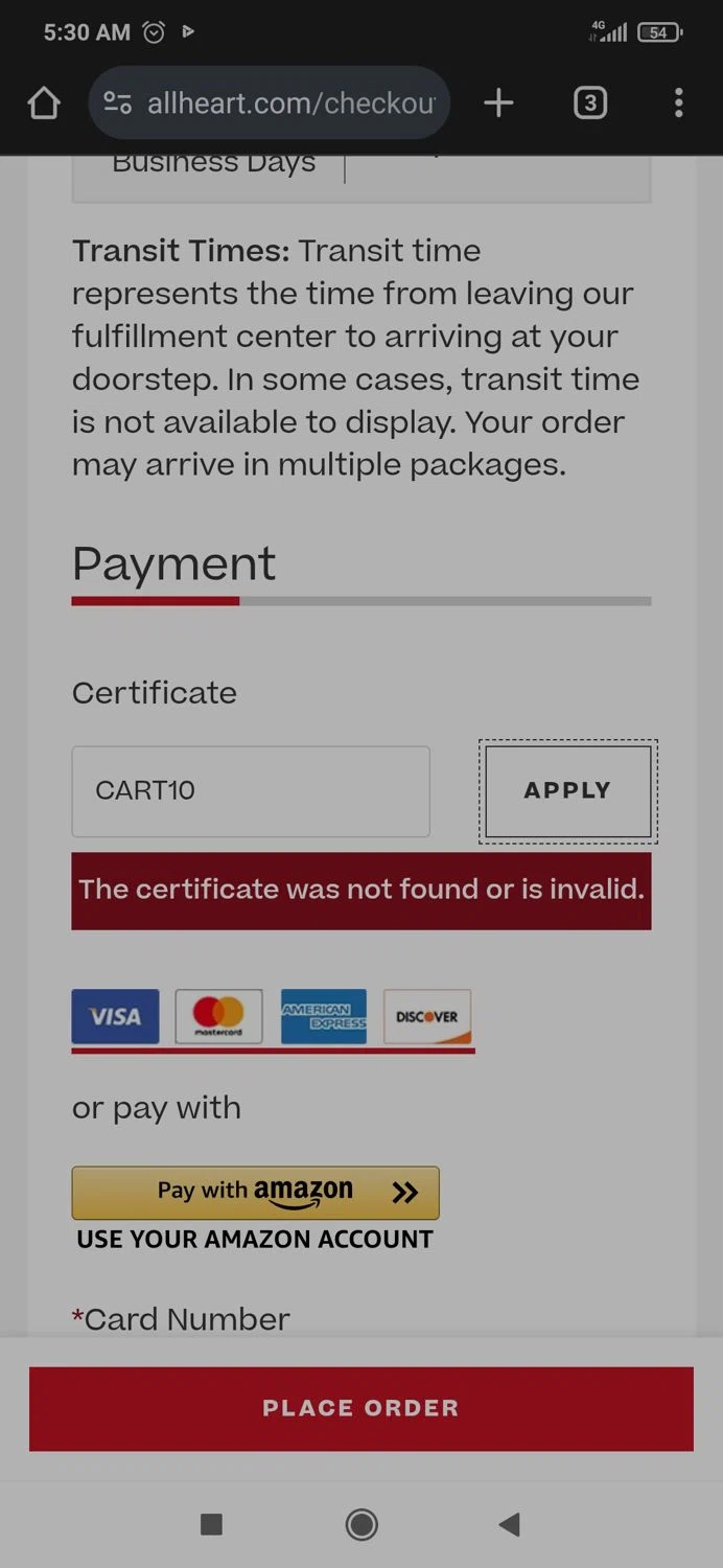 AllHeart coupon code screenshot showing code CART10 applied at AllHeart checkout page. Uploaded by SimplyCodes community member milennyzarraga on May 8, 2025