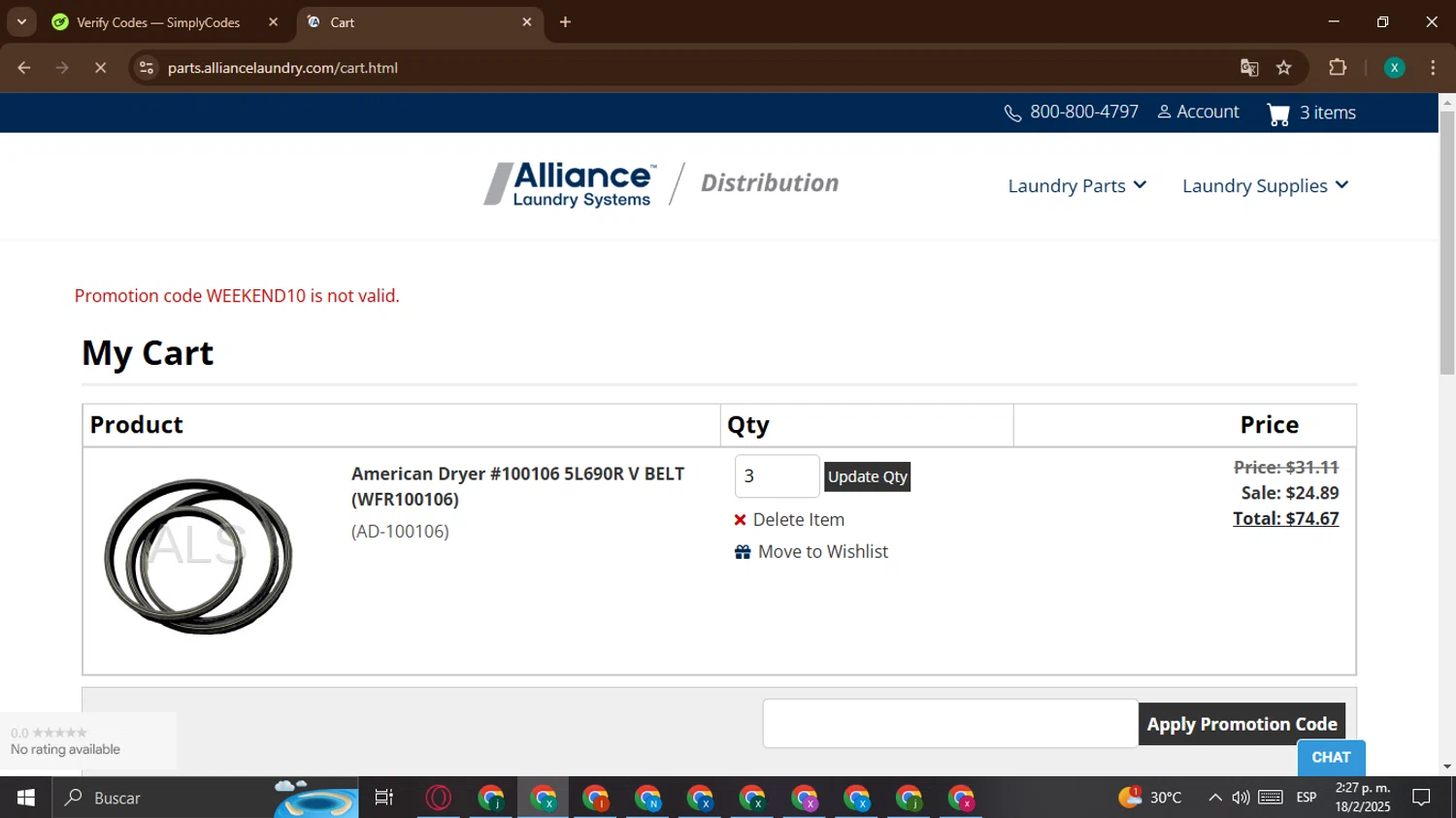 Alliance Laundry Systems promo code screenshot showing code WEEKEND10 applied at Alliance Laundry Systems checkout page. Uploaded by SimplyCodes community member BonusWarden6019 on Feb 18, 2025