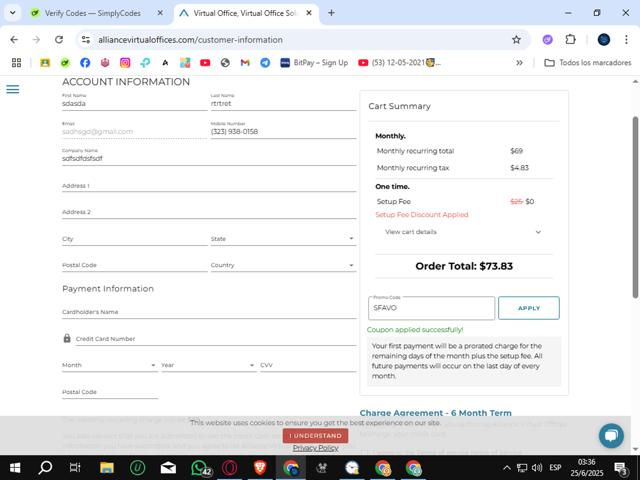 Alliance Virtual Offices checkout page showing Alliance Virtual Offices promo code box | Screenshot taken by SimplyCodes community member on Jun 25, 2025