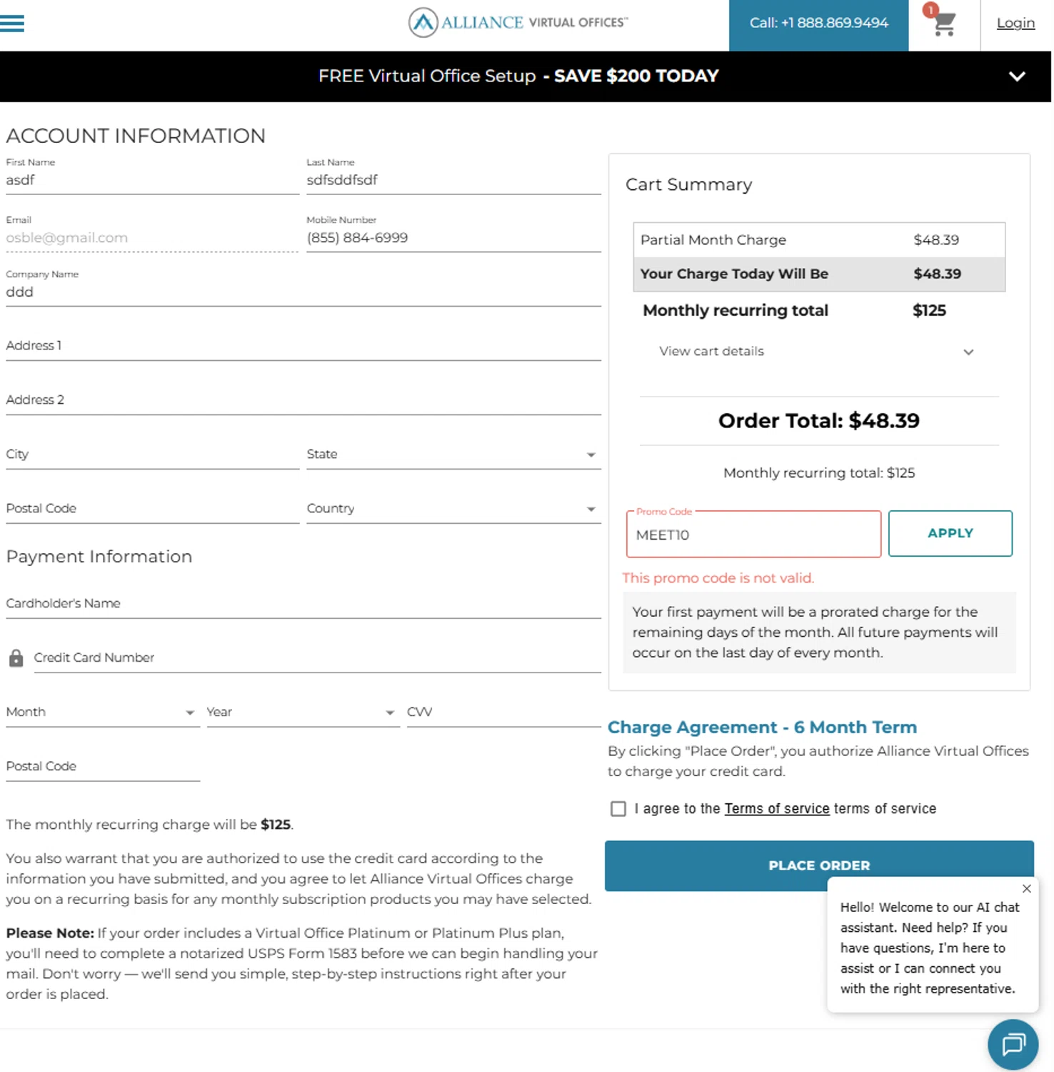 Alliance Virtual Offices promo code screenshot showing code MEET10 applied at Alliance Virtual Offices checkout page. Uploaded by SimplyCodes community member reggiesmith on Jan 19, 2026
