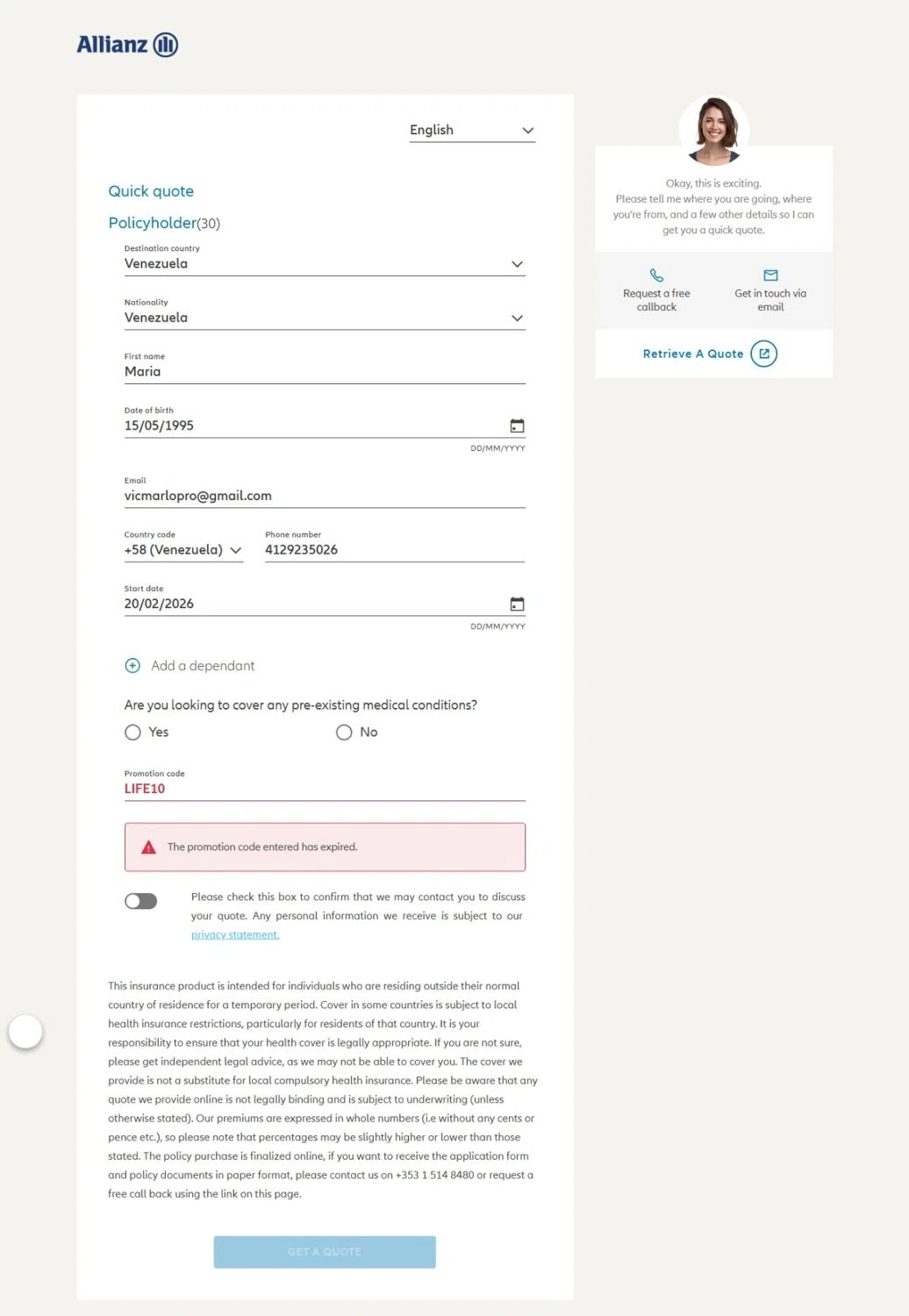 Allianz Care promo code screenshot showing code LIFE10 applied at Allianz Care checkout page. Uploaded by SimplyCodes community member belma123 on Feb 20, 2026
