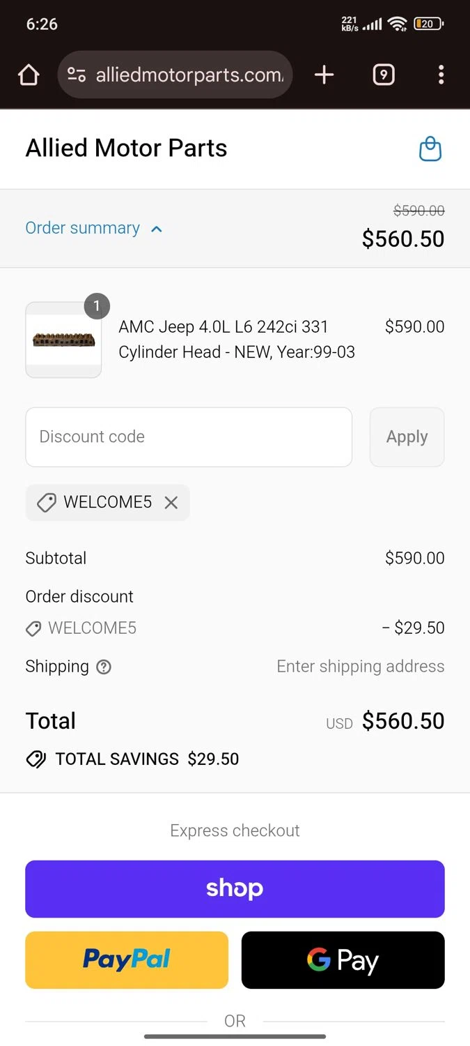 Allied Motor Parts discount code screenshot showing code WELCOME5 applied at Allied Motor Parts checkout page. Uploaded by SimplyCodes community member Esteban on Sep 14, 2025