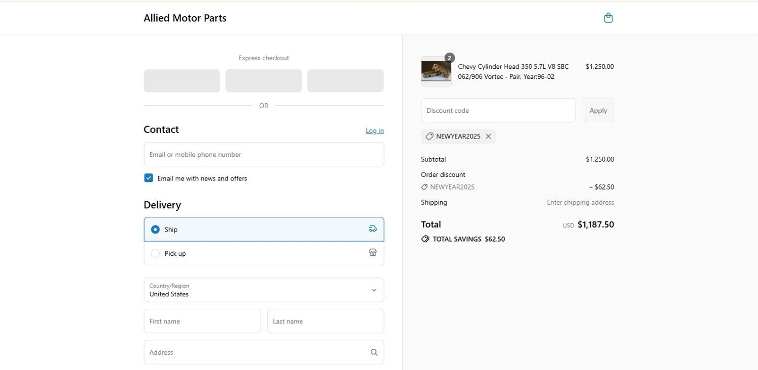 Allied Motor Parts discount code screenshot showing code NEWYEAR2025 applied at Allied Motor Parts checkout page. Uploaded by SimplyCodes community member Alydrop on Jul 29, 2025