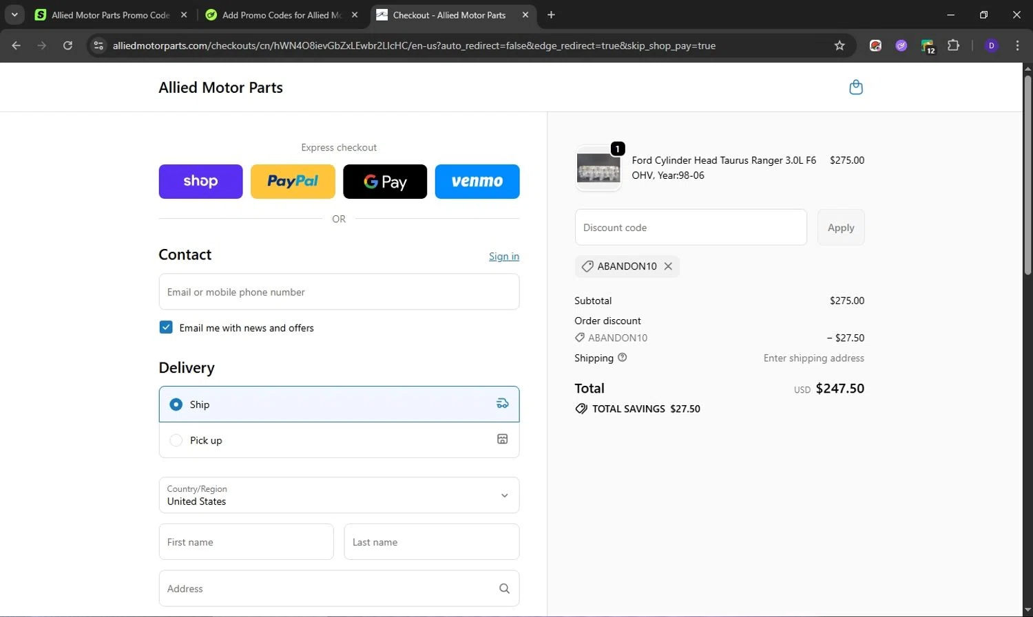 Allied Motor Parts discount code screenshot showing code abandon10 applied at Allied Motor Parts checkout page. Uploaded by SimplyCodes community member Obito6245825041527 on Oct 21, 2025
