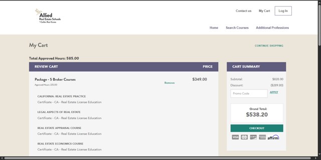 Allied School checkout page showing Allied School promo code box | Screenshot taken by SimplyCodes community member on Jul 28, 2025
