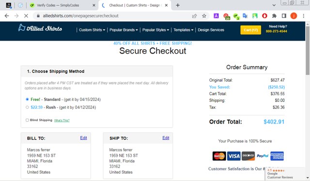 Allied Shirts checkout page showing Allied Shirts promo code box | Screenshot taken by SimplyCodes community member on Apr 3, 2024