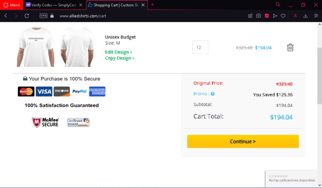 Allied Shirts checkout page showing Allied Shirts promo code box | Screenshot taken by SimplyCodes community member on Jan 27, 2024