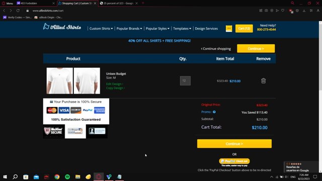 Allied Shirts checkout page showing Allied Shirts promo code box | Screenshot taken by SimplyCodes community member on Aug 22, 2023