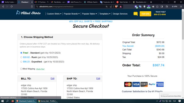 Allied Shirts checkout page showing Allied Shirts promo code box | Screenshot taken by SimplyCodes community member on Oct 13, 2023