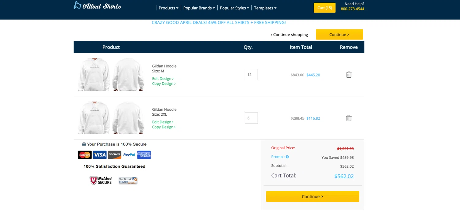 Allied Shirts promo code screenshot showing code 40%OFFALLSHIRTS applied at Allied Shirts checkout page. Uploaded by SimplyCodes community member ELOIN777 on Apr 15, 2025