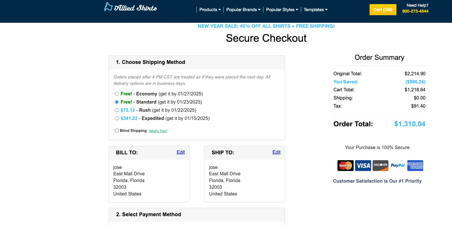 Allied Shirts promo code screenshot showing code OFF40 applied at Allied Shirts checkout page. Uploaded by SimplyCodes community member ELOIN777 on Jan 10, 2025
